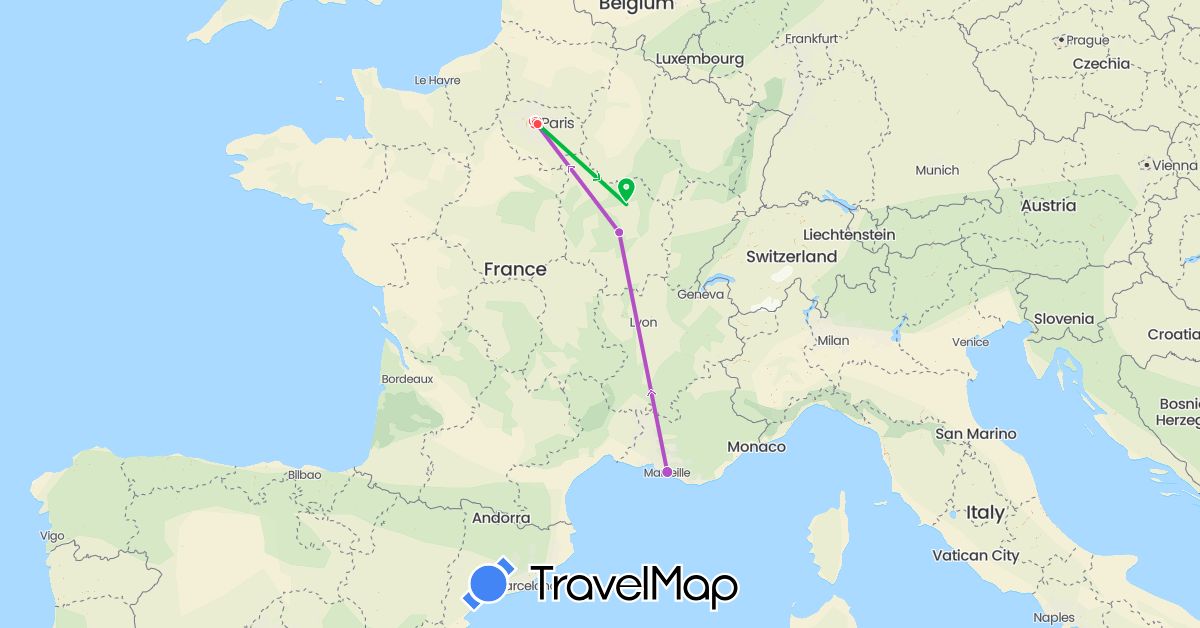 TravelMap itinerary: driving, bus, train, hiking, motorbike in France (Europe)